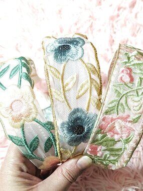 3 Embroidered Floral Mesh Headbands Pink Blue Peach